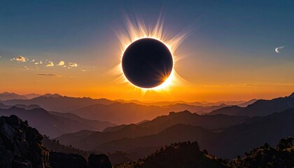 Dramatic scene of a total solar eclipse showcasing the sun's corona with radiating light beams, framed by a mountainous landscape during a vibrant sunset or sunrise, creating a celestial and...