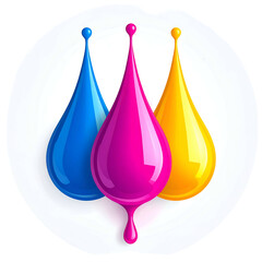 Three glossy ink drops, cyan, magenta, yellow, inside a white circle, vibrant & shiny