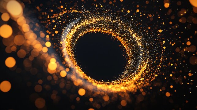 Gold token blockchain visualization with energy particles and holographic aura effect.