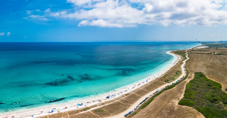 Aerial drone view of Pazzona Beach and Salt Lagoon, North Sardinia