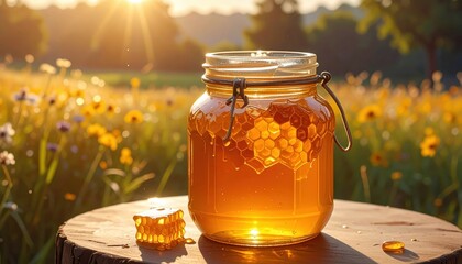 A  showcases a glass jar filled with golden honey and honeycomb sections, positioned on a wooden surface, surrounded by a field of vibrant yellow flowers, creating a sunny and natural outdoor scene.