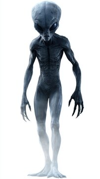 Grey alien figure standing, representing an extraterrestrial species and unknown life