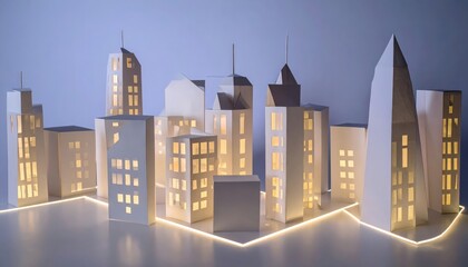 Illuminated paper city skyline displays a modern urban environment at night with miniature building models against a soft gradient background, highlighting warm interior lights within the paper...