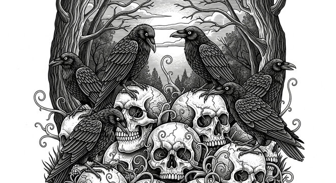 Mysterious ravens gather atop a morbid pile of ancient skulls in a dark, foreboding forest scene