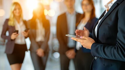 Business Professionals Connected: A group of polished business professionals, each with a unique phone, navigates a modern office space, capturing a moment of professional synergy and connection. - Powered by Adobe