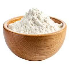 Close-up of a wooden bowl filled with white flour, isolated on a black background