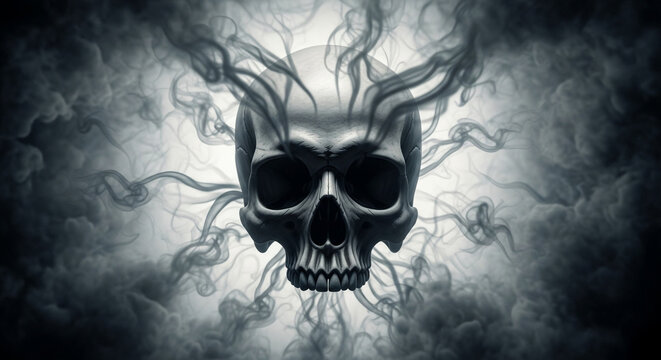 Eerie skeletal apparition emerges from swirling dark mist, evoking mystery and the supernatural