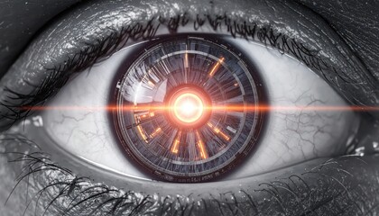 A  view showcases a detailed, futuristic eye, featuring a mechanical iris with a glowing orange core, set against a grayscale background with a focus on the eye's intricate details.