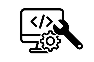 Vector programming and coding icon with wrench and gear, software development, computer coding symbol, system configuration, developer tools, tech repair, black silhouette stock vector illustration
