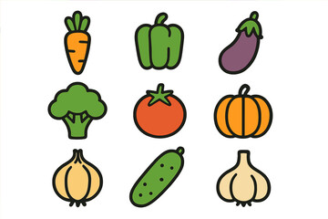 Colorful vector vegetables icons set including carrot, bell pepper, eggplant, broccoli, tomato, pumpkin, onion, cucumber, and garlic with transparent background, organized illustration