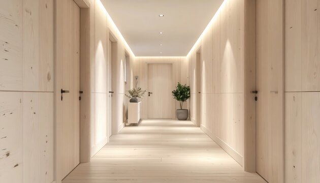 Wooden hallway with soft lighting showcases a modern and inviting interior space, featuring closed doors along both sides, plants, and a minimalist design that emphasizes natural textures and a...