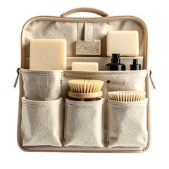 Open canvas toiletry bag with various soaps, brushes, and bottles, neatly arranged