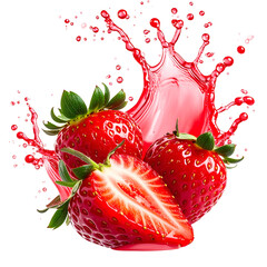 Vibrant strawberries with a splash of juice, creating a dynamic and refreshing visual
