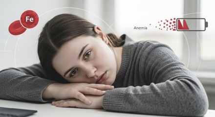 Young woman feeling tired with head resting on table, experiencing exhaustion from anemia, illustrating iron deficiency, red blood cells and low energy battery symbol.