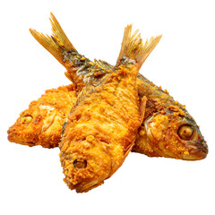 Close-up of three golden-brown fried whole fish on a dark background