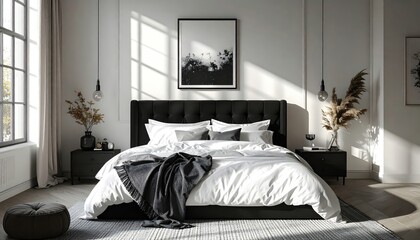 Luxurious bedroom interior design showcases a modern, elegant aesthetic, featuring a large, tufted black bed, crisp white bedding, and decorative dried flowers.