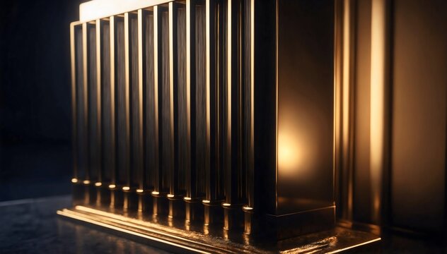 A close-up view of an abstract, golden, architectural design element. The play of light and shadow highlights the elegant lines