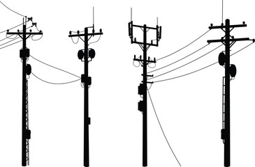 Communication and electric power poles with antennas and cables, black silhouette vector illustration of urban telecommunication and energy infrastructure