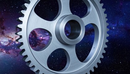 Shiny metal gear with a precise design is displayed against a background representing the cosmos, creating an artistic composition showing potential for mechanical movement, industrial concept, and...