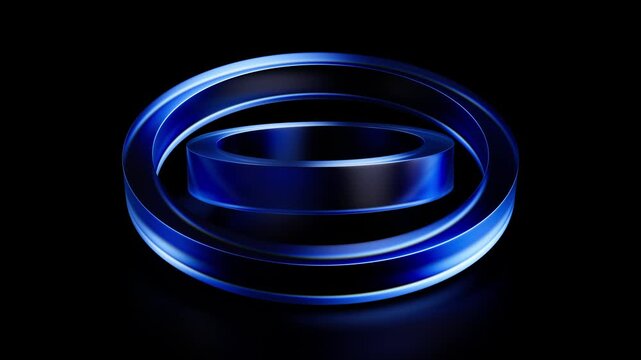 3d blue glossy transparent rings rotation. Glass circles motion abstract background. Simple geometric animation. Seamless loop.