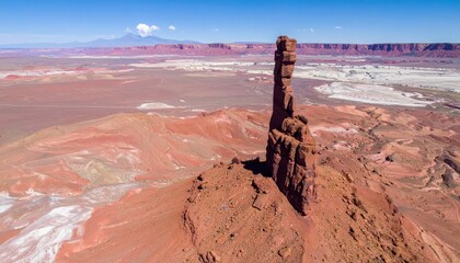 A tall, slender sandstone formation rises dramatically from a red-hued desert landscape under a bright blue sky, with distant mesas and mountains adding depth to the arid scene.