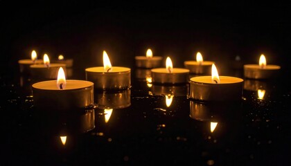 Warm candle flames illuminate the darkness with their soft glow, reflected on a wet, dark surface, creating a sense of peace, warmth, and comfort.
