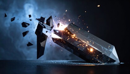 Exploding crystal with sharp geometric angles, fragmented shards, and dynamic movement, showcasing bright sparks and a contrasting dark background, evoking drama and impactful visual elements, with...