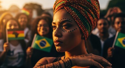 Brazilian woman with traditional facial markings and tattoos, wearing a vibrant headscarf, stands with pride amidst a supportive crowd holding flags for Black Consciousness Day.