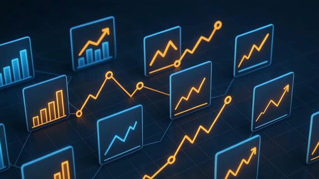 Abstract data analytics visualization with trending graphs and charts in vibrant colors depicting financial growth and metrics. - Powered by Adobe