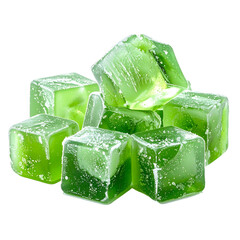 Close-up shot of a pile of green, translucent, cube-shaped candies with slight white dusting