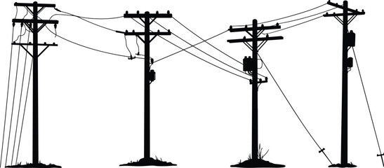 Silhouette of multiple electric power poles with wires and transformers, electricity distribution line black vector illustration on white background