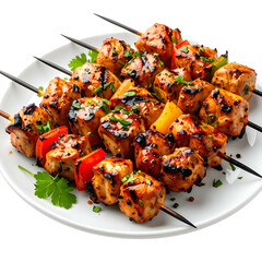 Grilled chicken skewers with bell peppers and parsley on a white plate, appetizing presentation