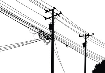 Utility pole silhouette, power lines crossing, urban electricity cables, black wires pattern, infrastructure network, city energy grid, industrial skyline, minimal background
