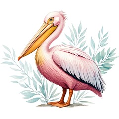 An illustration of a pink pelican with a large beak against a background of delicate leaves, done in soft pastel colors in a natural artistic style.