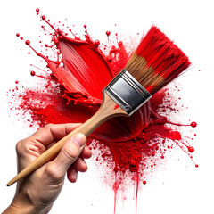 Hand holding brush causing a burst of red paint. Detailed splash with droplets