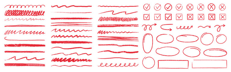 Crayon lines, charcoal highlight strokes and freehand ovals doodle set. Hand drawn pencil underlines, check marks, arrows, ellipse frames. Kids chalk strips and brush line in sketch style.