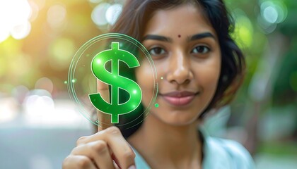 Woman interacts with a glowing green dollar sign