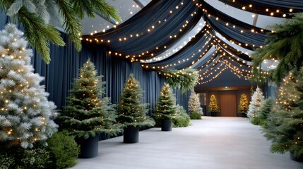 Fototapeta premium Festive event hall decorating with illuminated Christmas trees