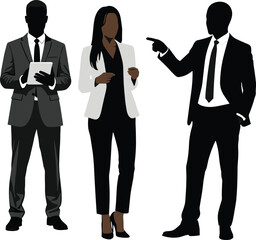 Business professionals in formal attire discussing ideas, teamwork and communication, tablet presentation, white background, corporate collaboration, office interaction scene