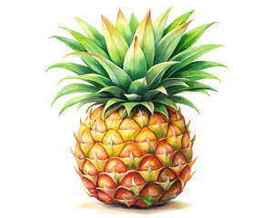 Fototapeta premium Watercolor pineapple, spiky green leaves, on white background