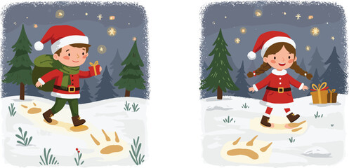 Cartoon children walking in snowy forest, Christmas outfits, Santa hats, gift exchange, magical footprints, festive night scene, holiday adventure