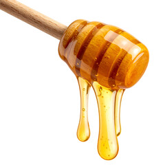 Close-up of a wooden honey dipper dripping golden, viscous honey. Isolated on black