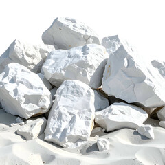 Pile of large, white, irregular rocks on sand, shadows and details visible