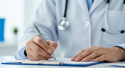 Professional doctor diligently writing patient notes on clipboard with stethoscope around neck in bright modern medical office setting