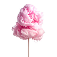 Fluffy pink spun sugar candy on a wooden stick against a black background
