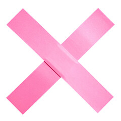 Vivid pink tape strips in an "X" shape against a stark black background