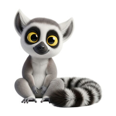 Fototapeta premium Cartoon lemur sitting with its striped tail curled to the side, looking forward with big yellow eyes.