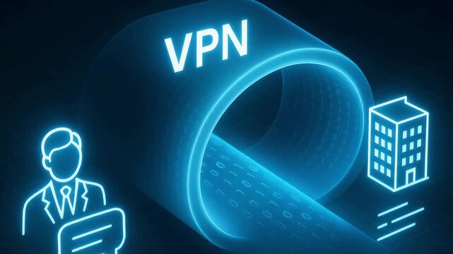 Illustration of a VPN tunnel connecting a user to a secure network, representing online privacy and data protection.