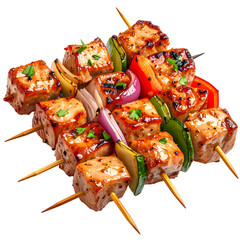 Grilled skewers of chicken, bell peppers, onions, and zucchini, glistening with glaze