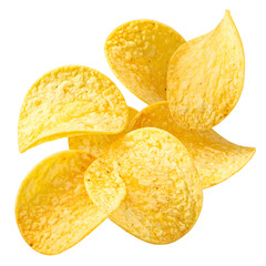 Close-up of golden potato crisps, arranged artfully, with translucent edges